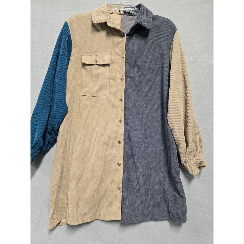 Nasty Gal Colorblock Corduroy Shirt Dress Tunic Blue Tan US 4 OfficeCore